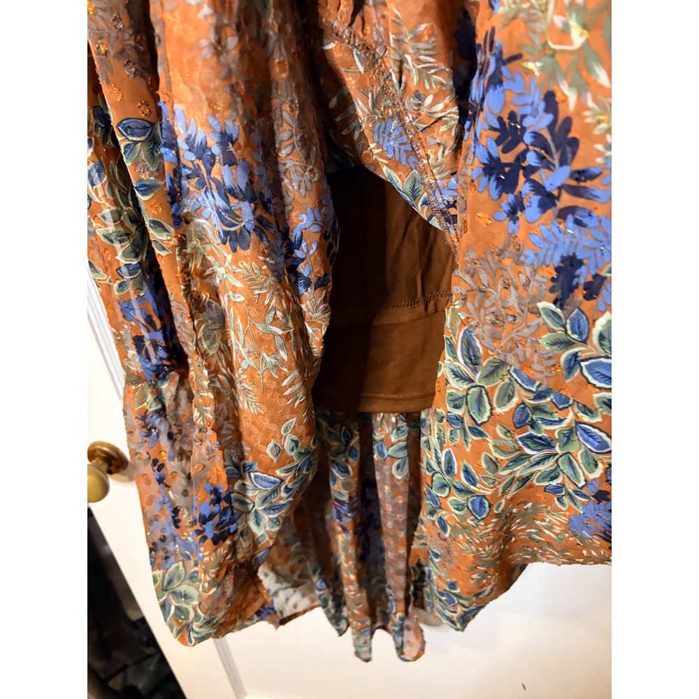 Umgee USA Floral Clip Dot Maxi Dress Rust Orange Metallic Tiered Boho L - Picture 6 of 6